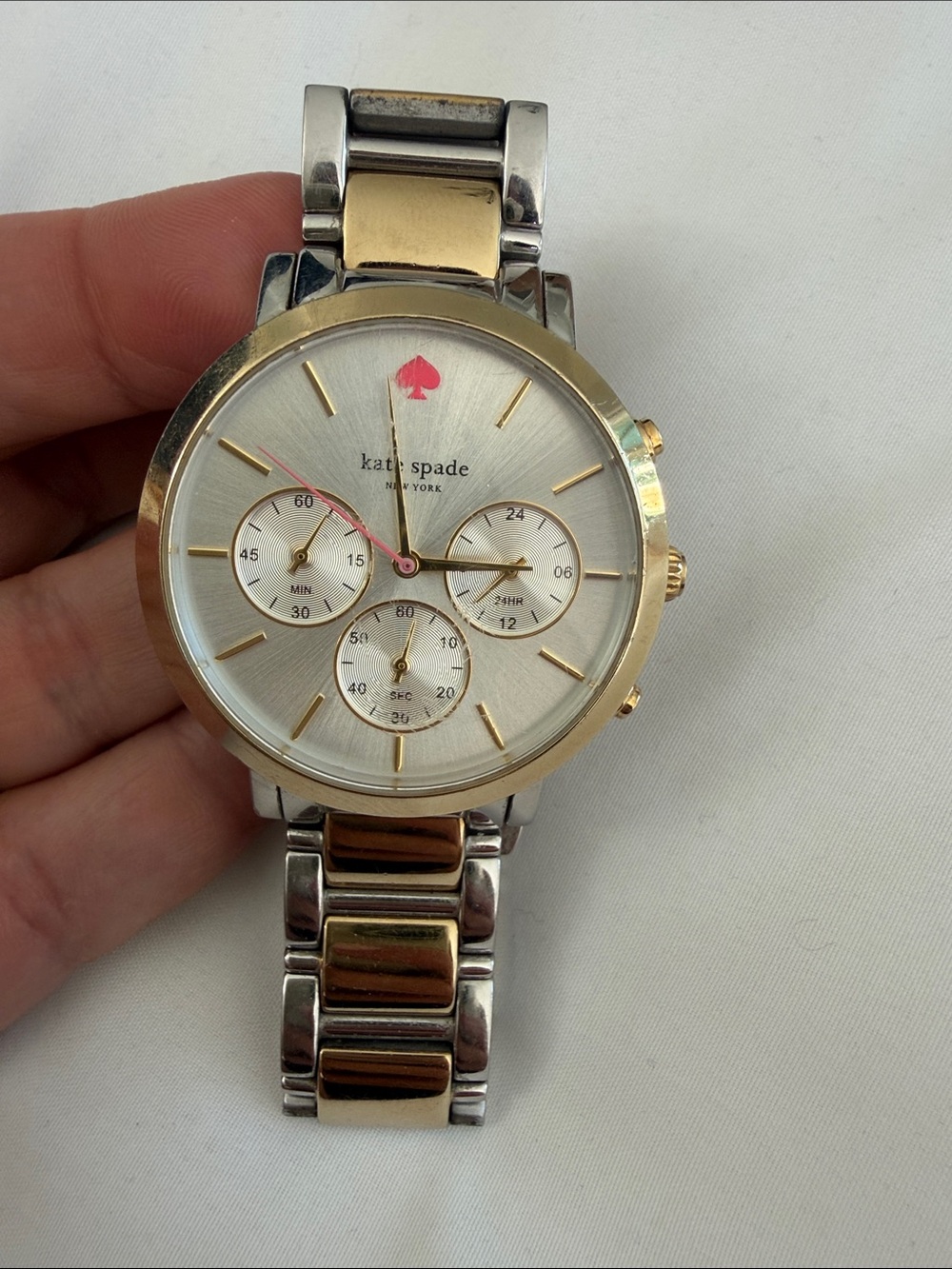 kate spade Two-Tone Silver & Gold Chronograph Watch with Pink Accent